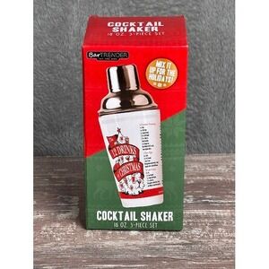 BarTrender Cocktail Shaker 16 Oz 3 Piece Set Holiday Christmas Drinks Recipe Box